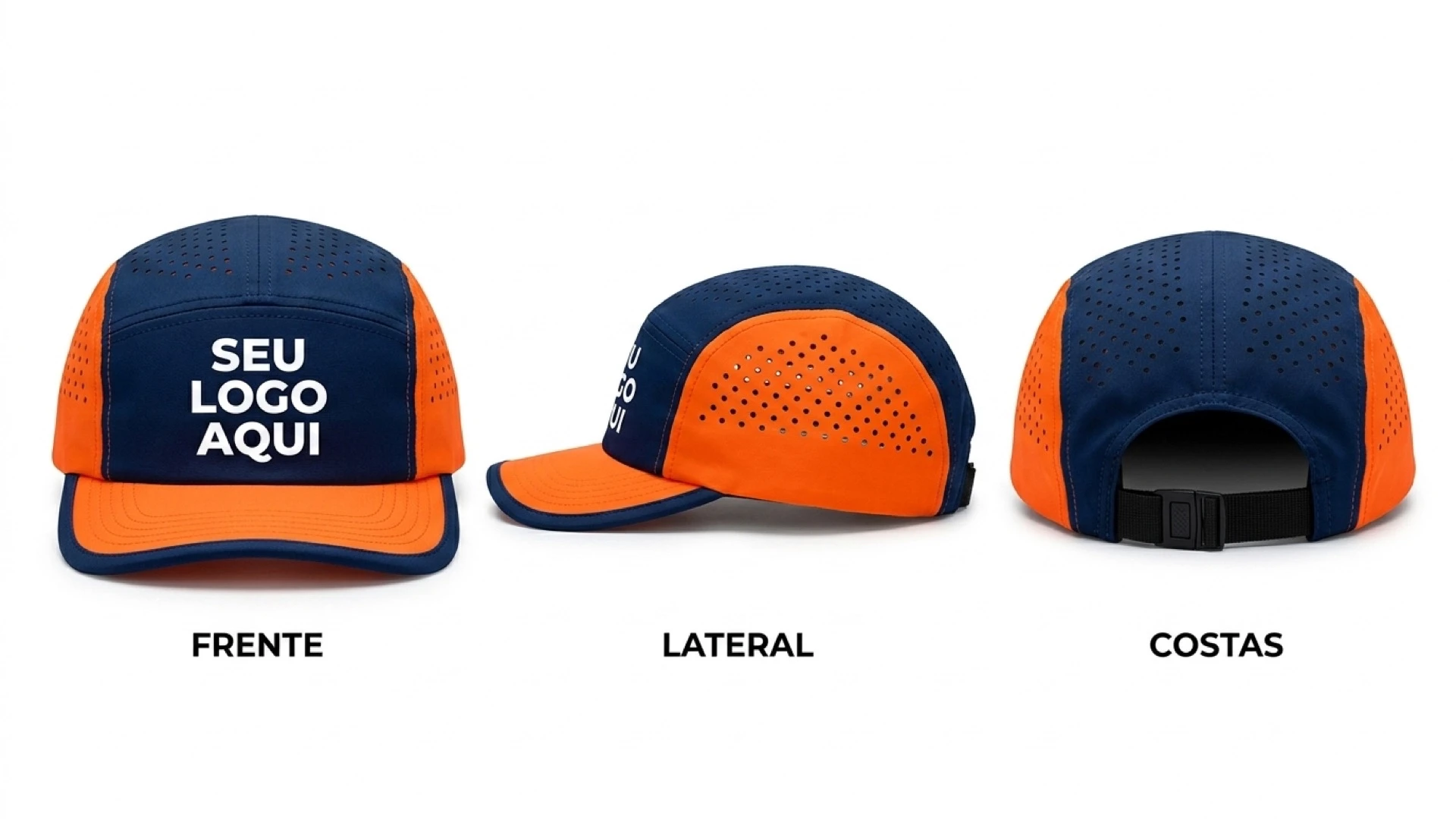 Referência Boné 5 Panel aba flexivel Personalizado — vista frontal, lateral e traseira com área de logo