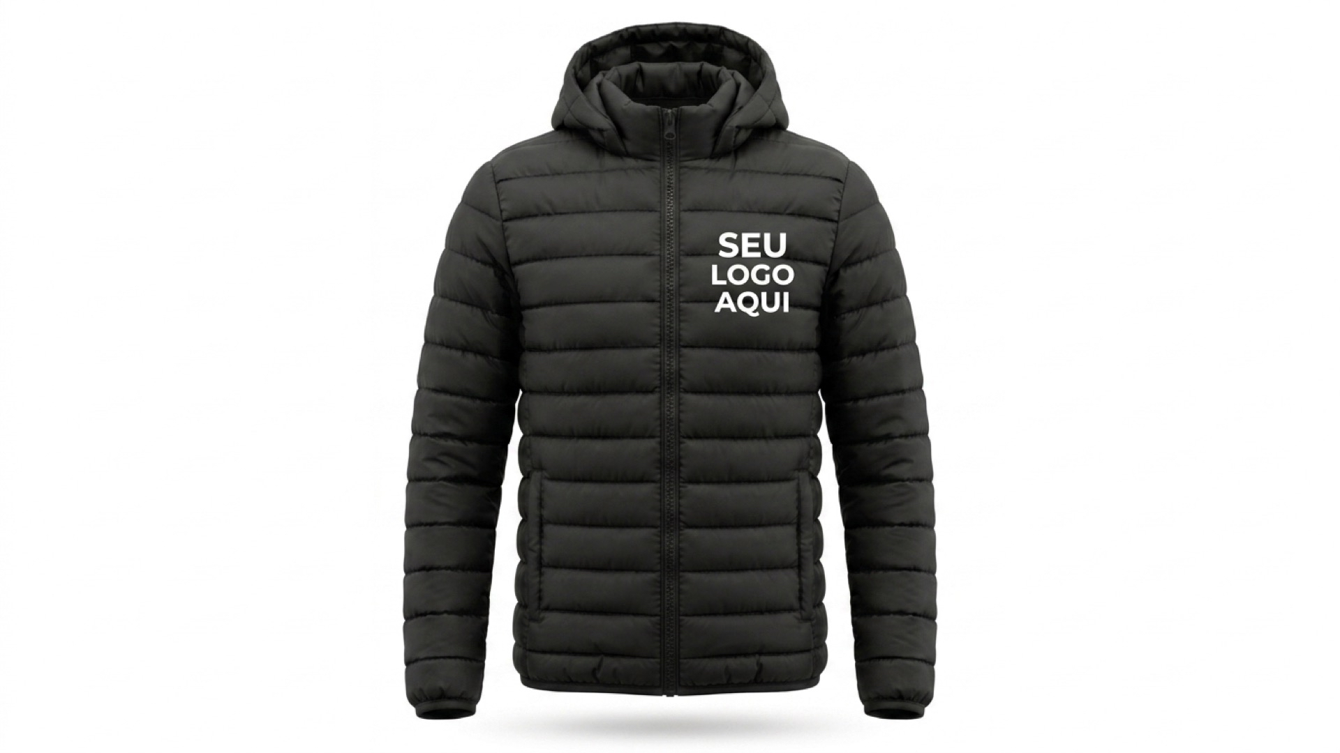 Referência Agasalho Puffer Personalizado - Capuz Removivel — vista frontal, lateral e traseira com área de logo