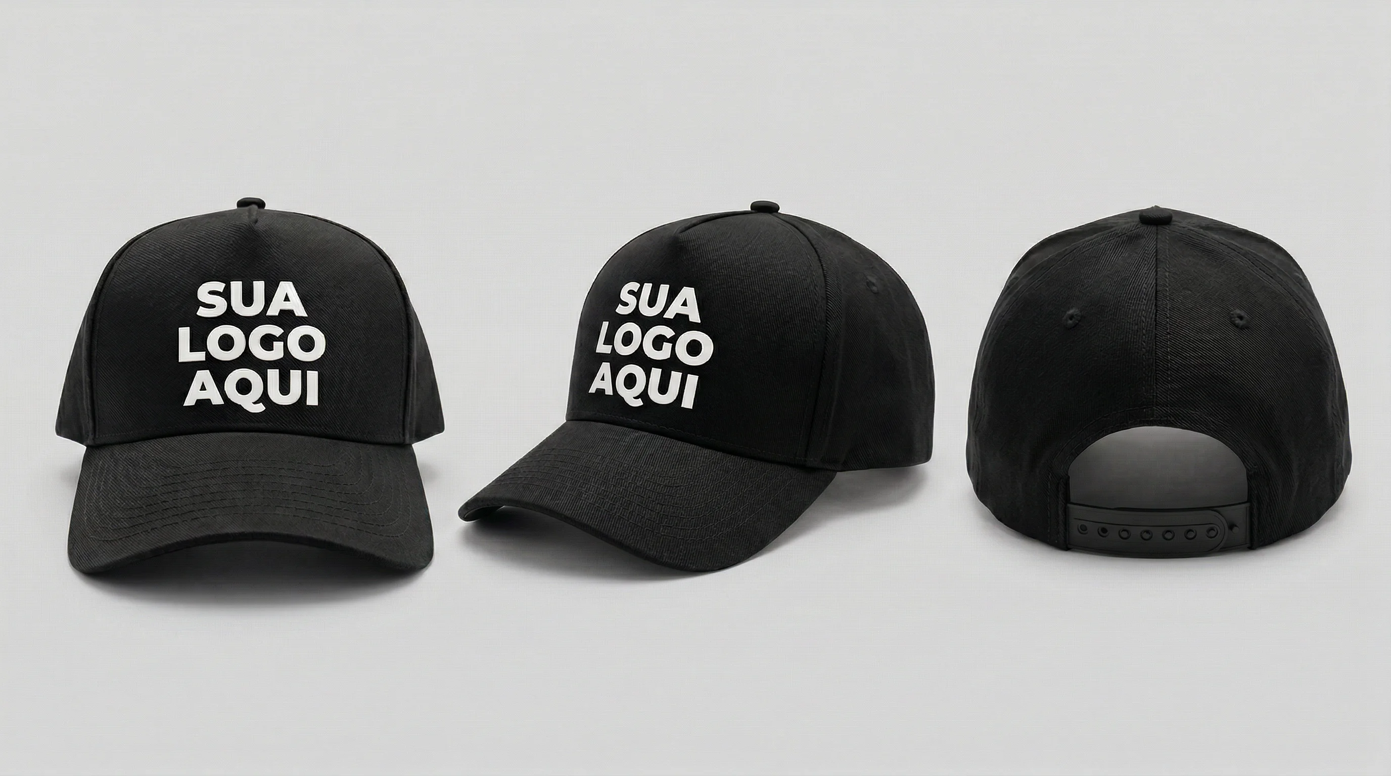 Referência Boné Americano — vista frontal, lateral e traseira com área de logo