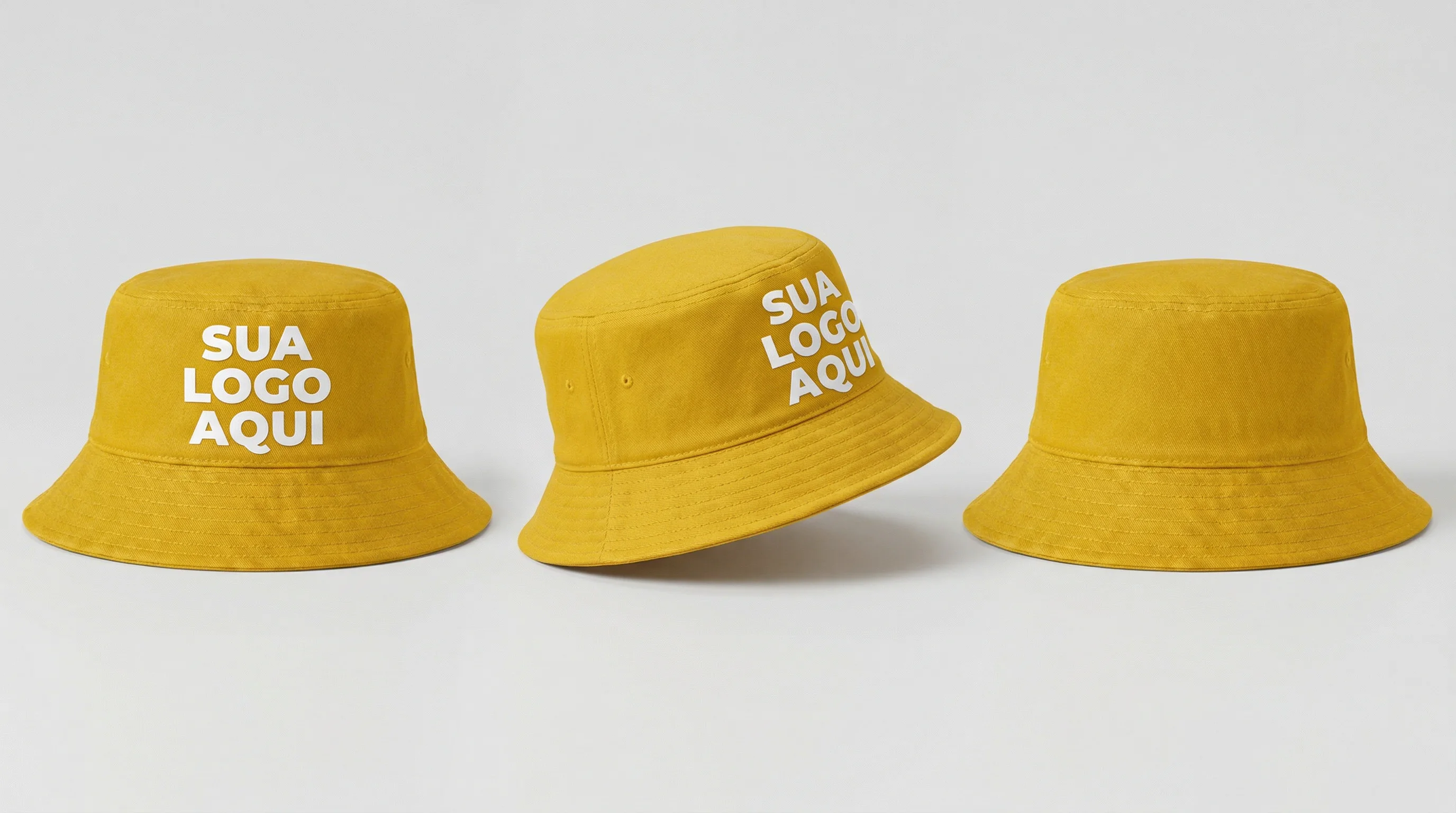 Referência Bucket Personalizado — vista frontal, lateral e traseira com área de logo