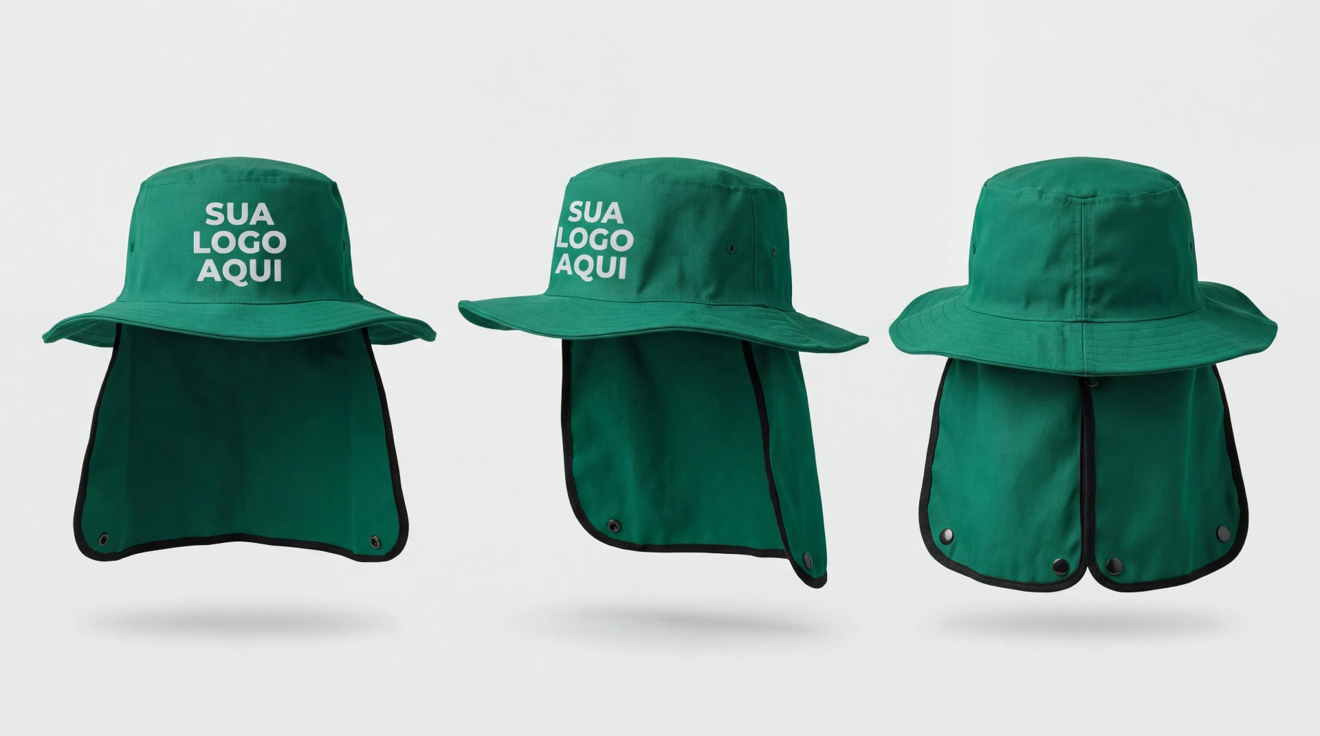 Referência Chapeu Pescador Personalizado — vista frontal, lateral e traseira com área de logo