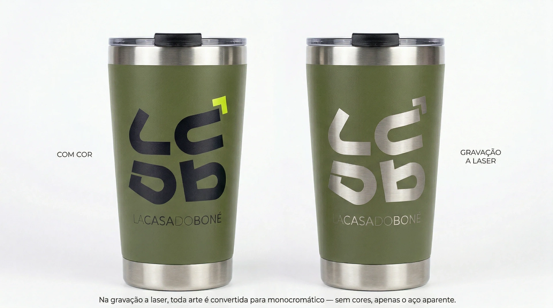 Referência Copos Personalizados — vista frontal, lateral e traseira com área de logo
