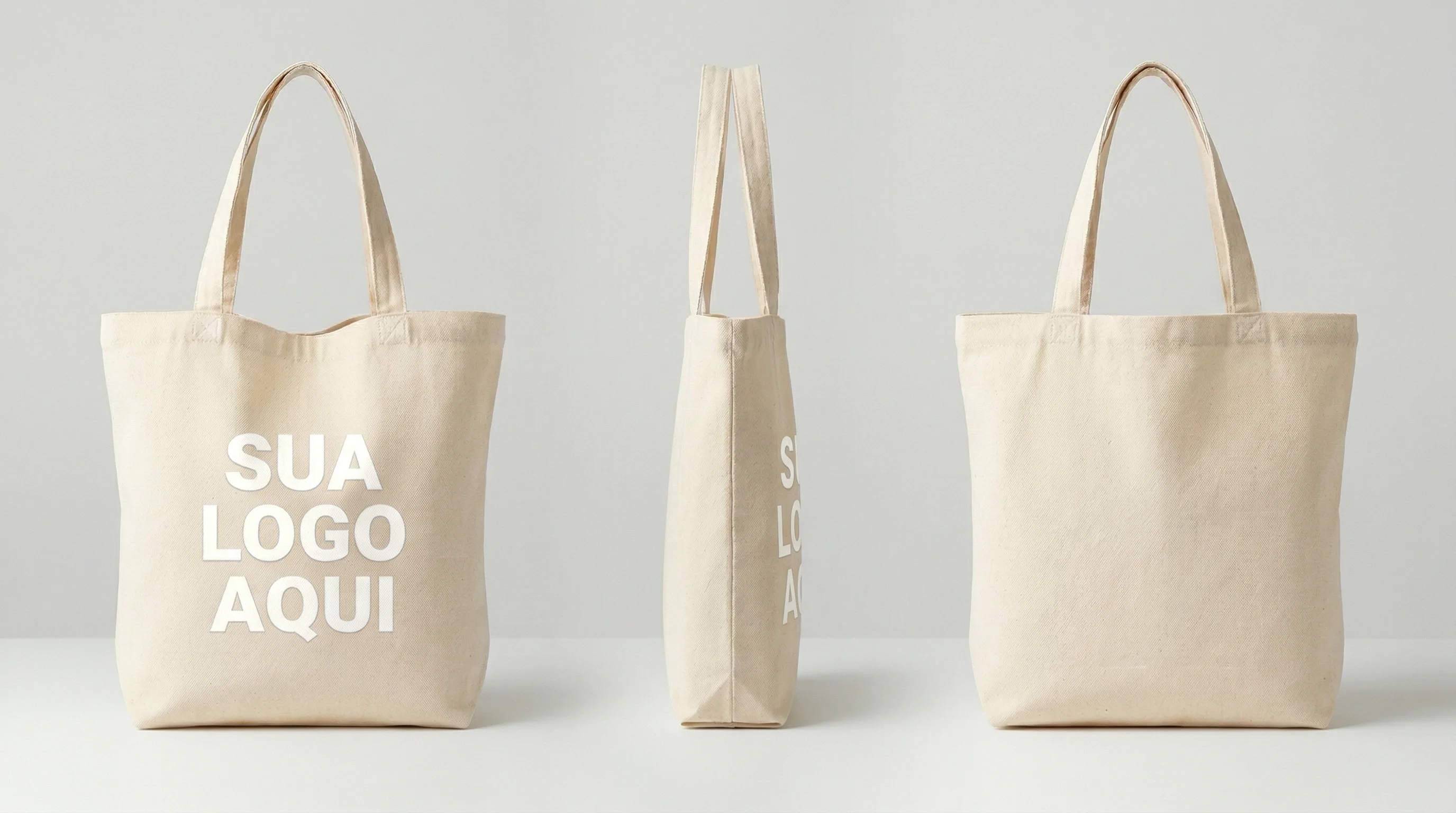 Referência EcoBag Personalizada — vista frontal, lateral e traseira com área de logo