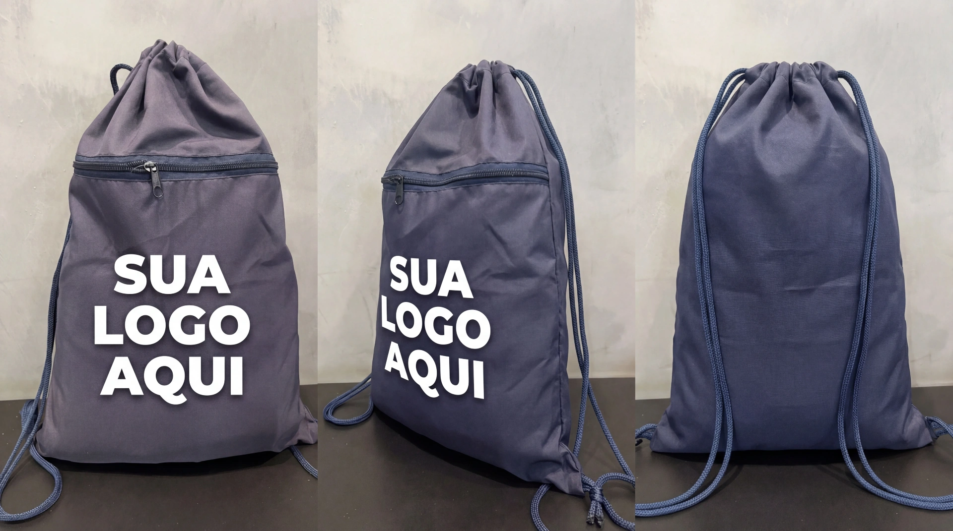 Referência Sacochila Personalizada — vista frontal, lateral e traseira com área de logo