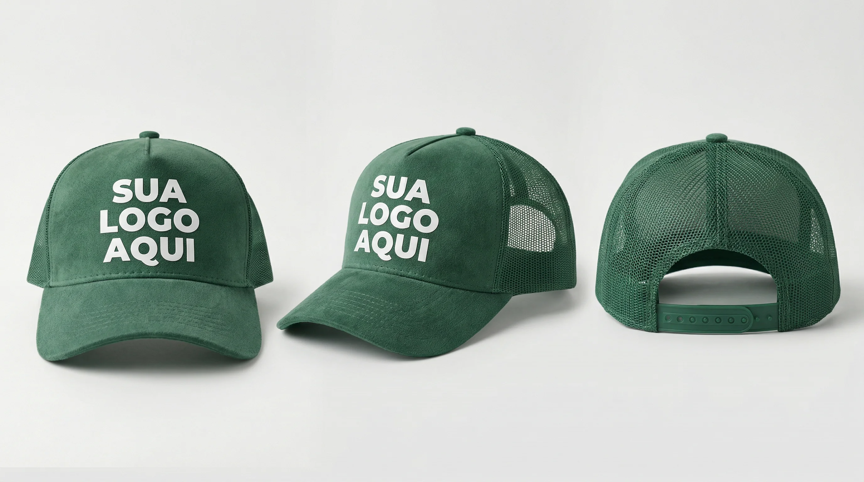 Referência Boné Trucker Camurça — vista frontal, lateral e traseira com área de logo