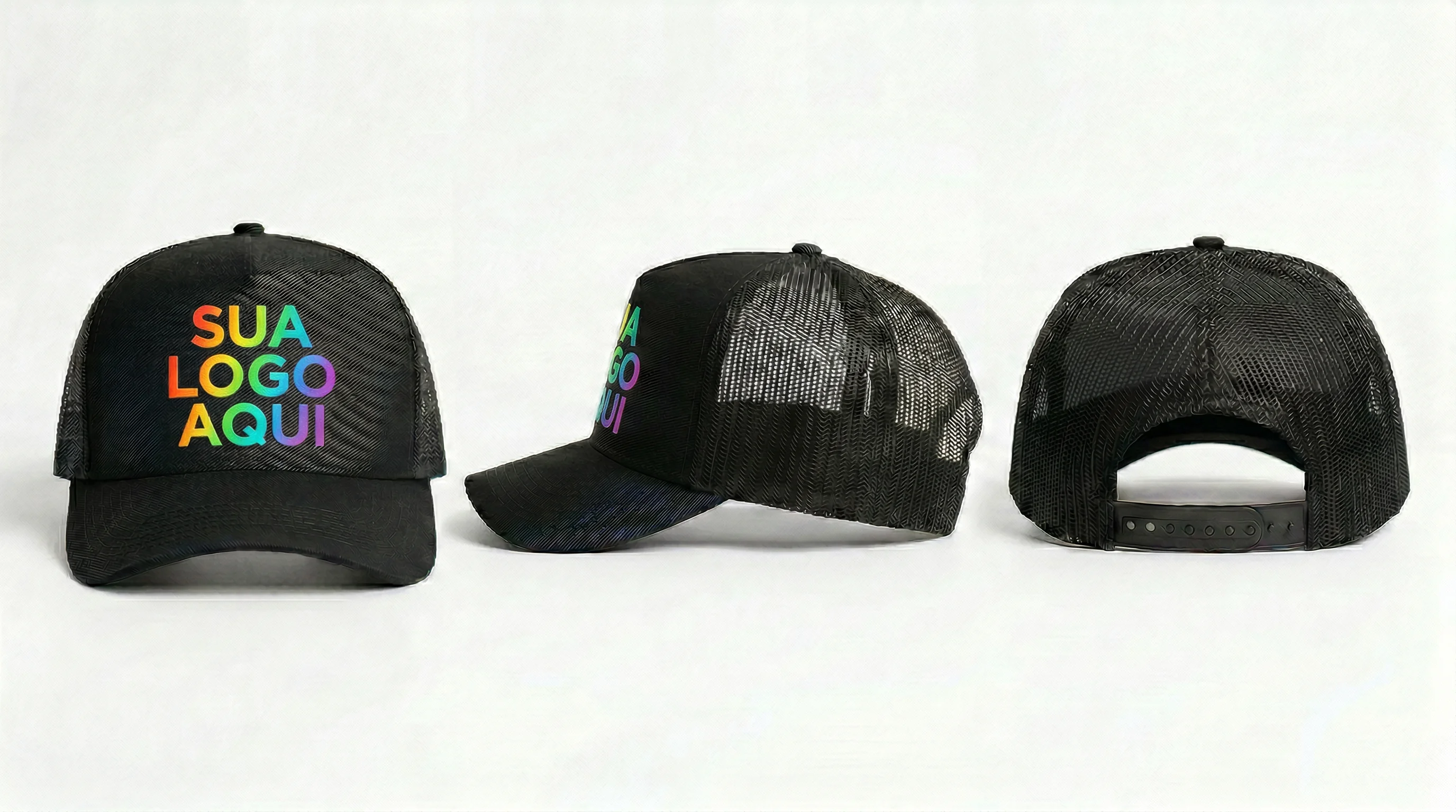 Referência Boné Trucker com Tela — vista frontal, lateral e traseira com área de logo